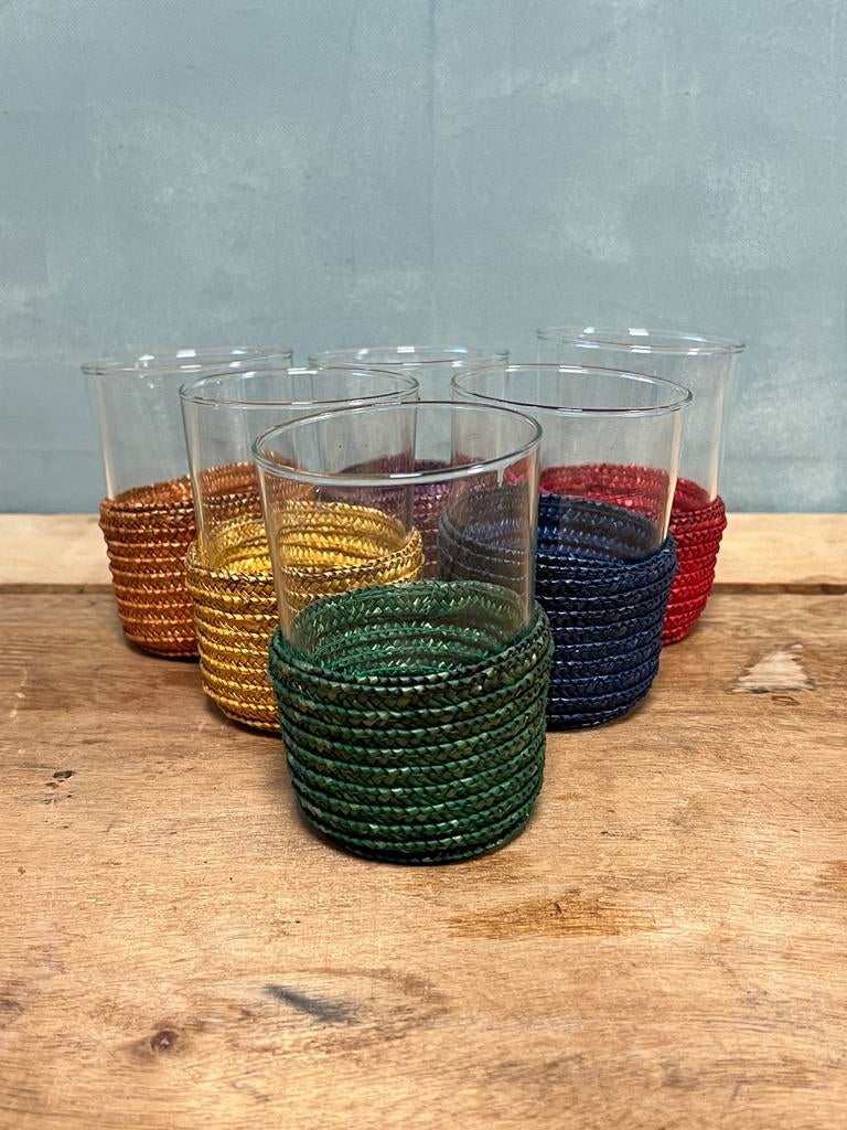 Vintage glazen Schot-Jenaglas raffia houder 1960 set/6, Glas of Glazen, Gebruikt, Ophalen of Verzenden, Glas