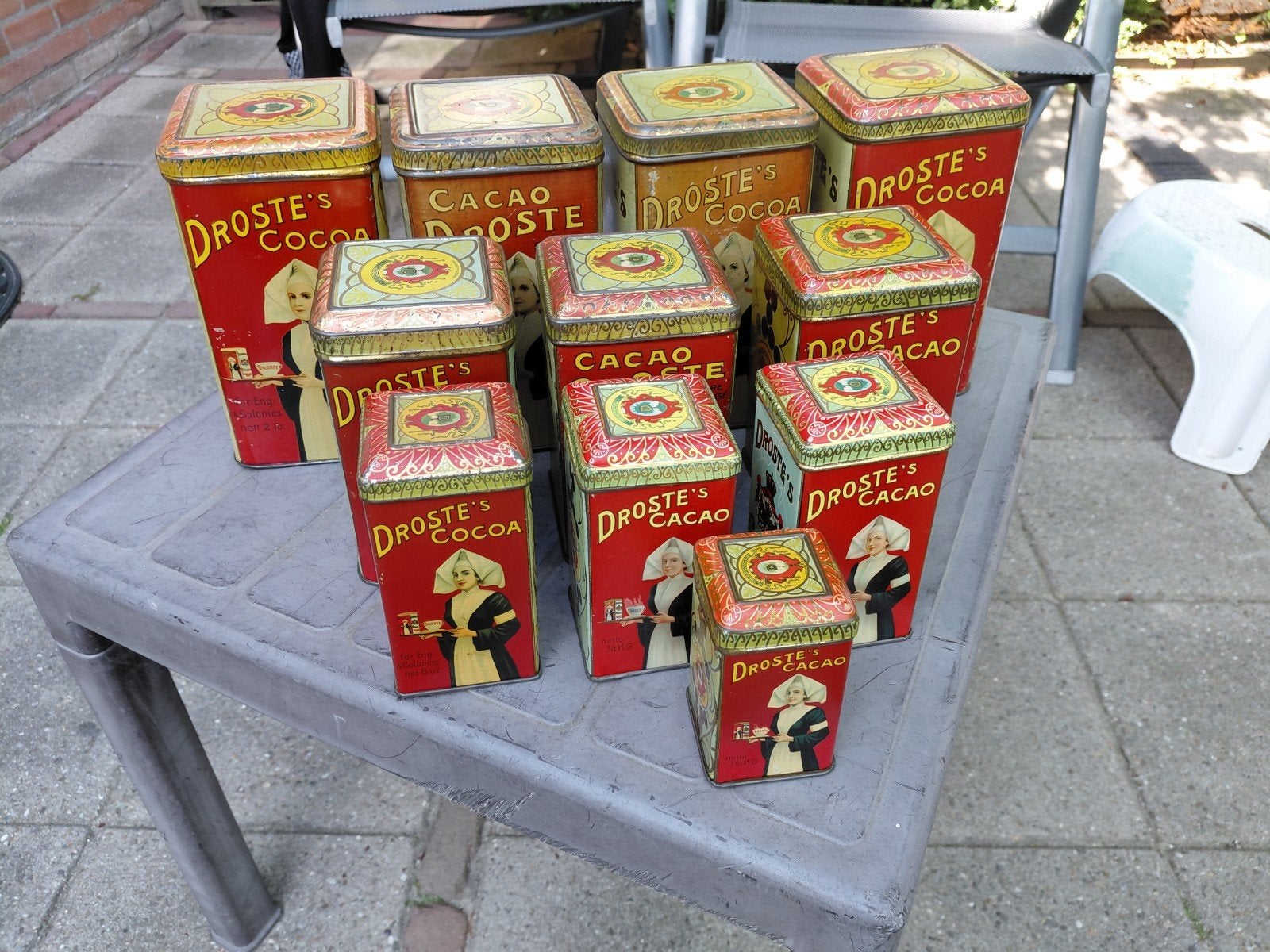 11 mooie verschillende Droste Cacao- blikken. 4 maten., Ophalen of Verzenden, Gebruikt, Overige