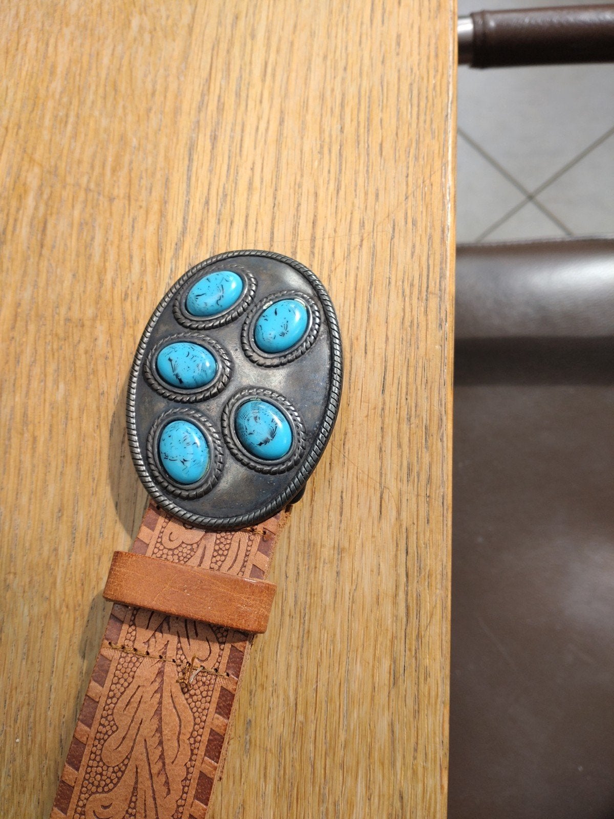 Leren riem met turquoise gesp - Western stijl, Kleding | Dames, Riemen en Ceinturen, Echt leder, 90 tot 100 cm, Heupriem, Ophalen of Verzenden