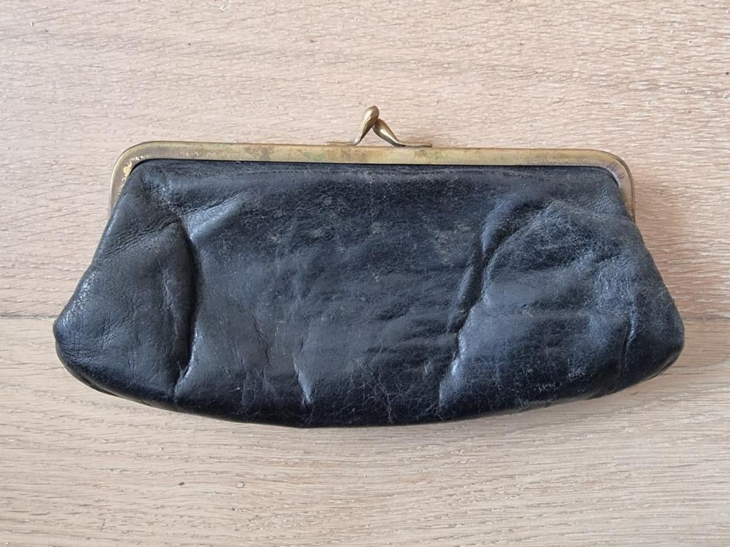 Vintage Zwart Leren Portemonnee met Knipsluiting, Sieraden, Tassen en Uiterlijk, Portemonnees, Overige merken, Gebruikt, Leer