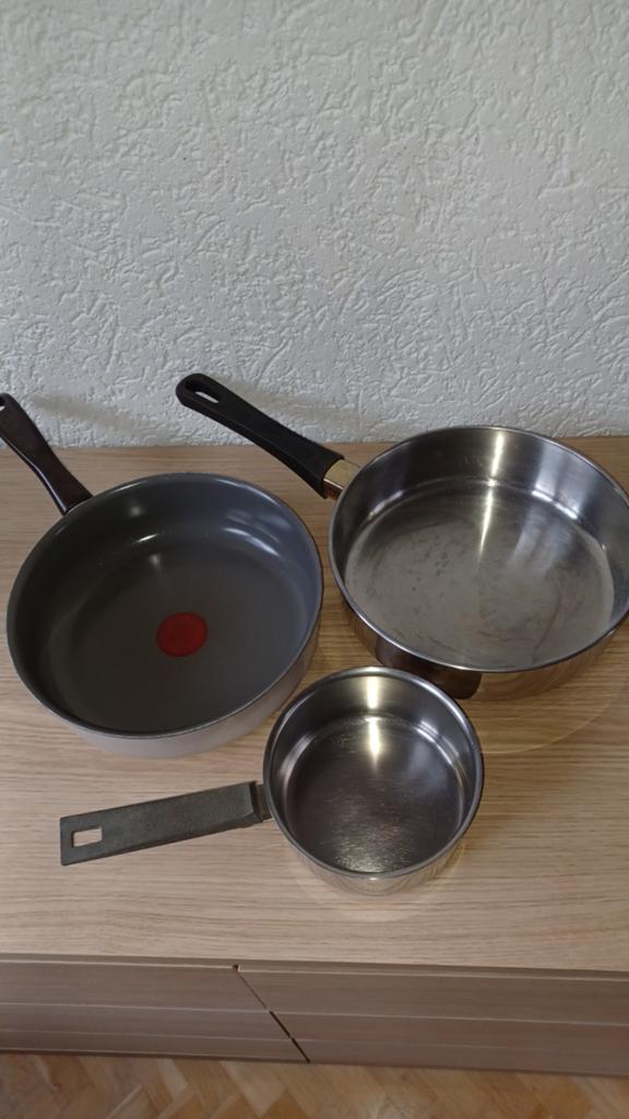 Set pannen: 2x hapjespan, 1x steelpan, Ophalen of Verzenden, Gebruikt, Aluminium, Koekenpan of Braadpan