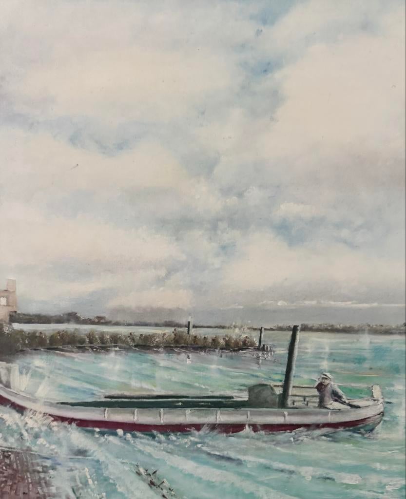 Olieverf Schilderij 'Rietschuit aan de Goidschalxoordse dijk, Antiek en Kunst, Ophalen of Verzenden