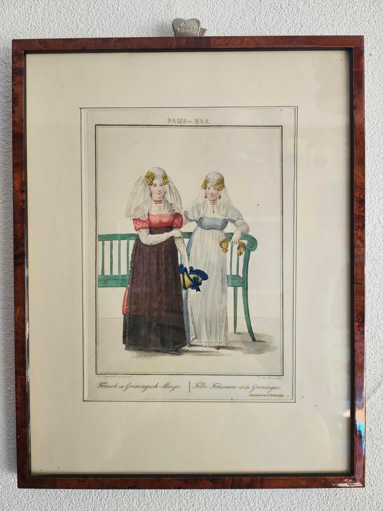Antieke prent Groningse en Friese klederdracht, 1800 - 1899, Mode, Ophalen of Verzenden, Gravure