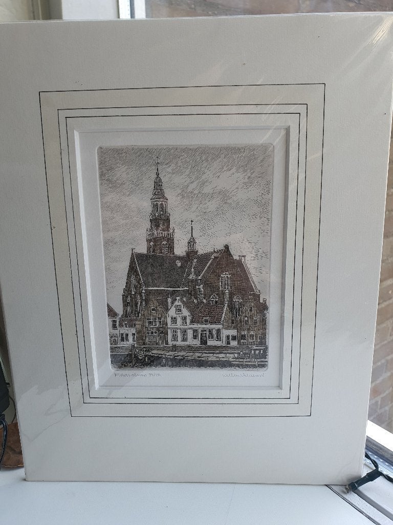 Originele ets Maassluis Willem Veldhorst ingelijst, Ophalen of Verzenden