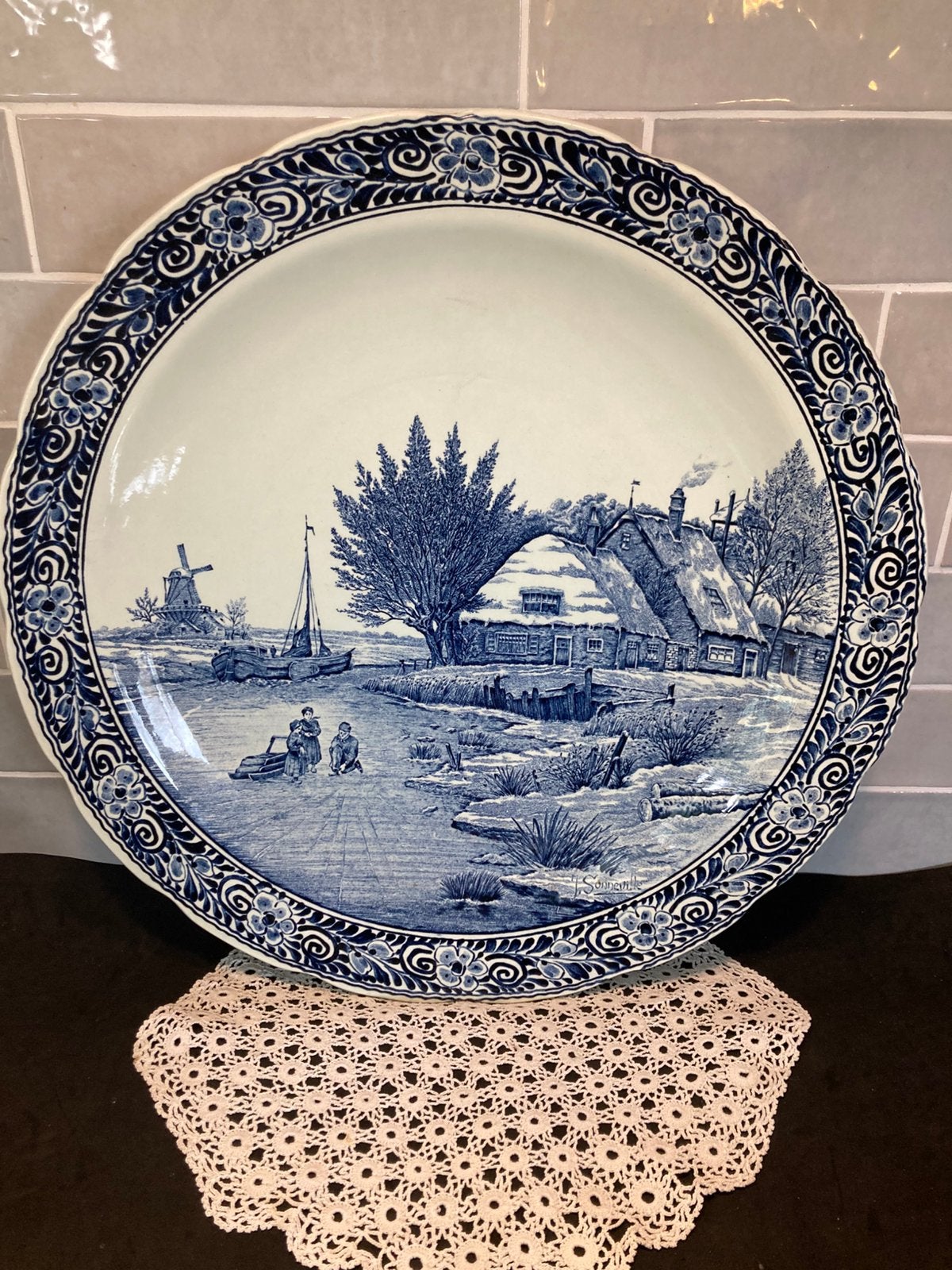 Delfts blauw wandbord Boch, winters landschap (300326), Ophalen of Verzenden