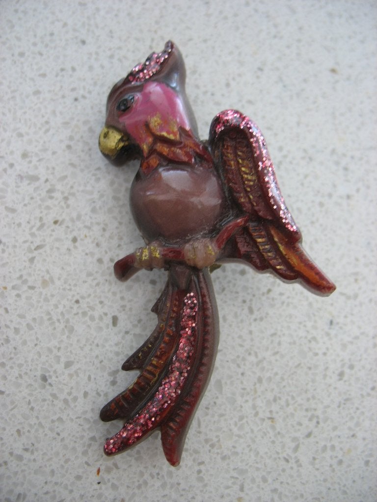 Broche Costume Jewelry Paradijs Vogel Aubergine Roze Glitter, Ophalen of Verzenden, Overige materialen, Broche