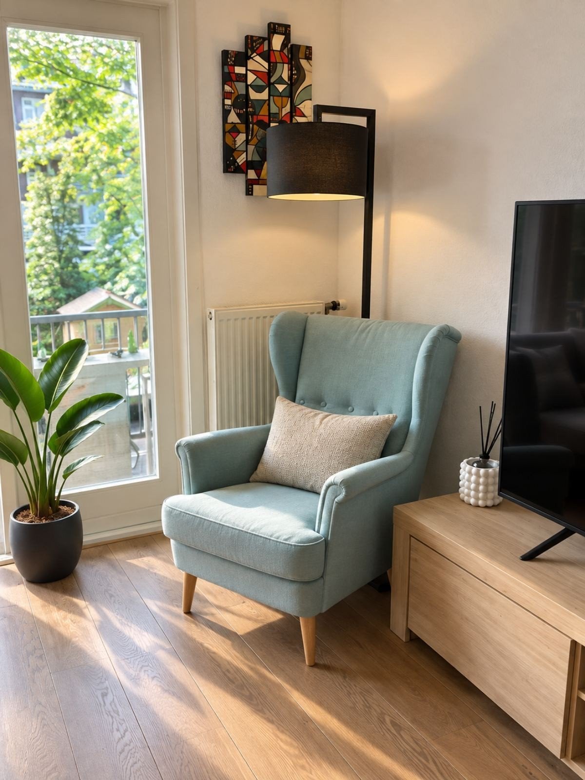 IKEA Strandmon fauteuil - mintgroen/licht turquoise, Ophalen, Hout, Gebruikt, 75 tot 100 cm