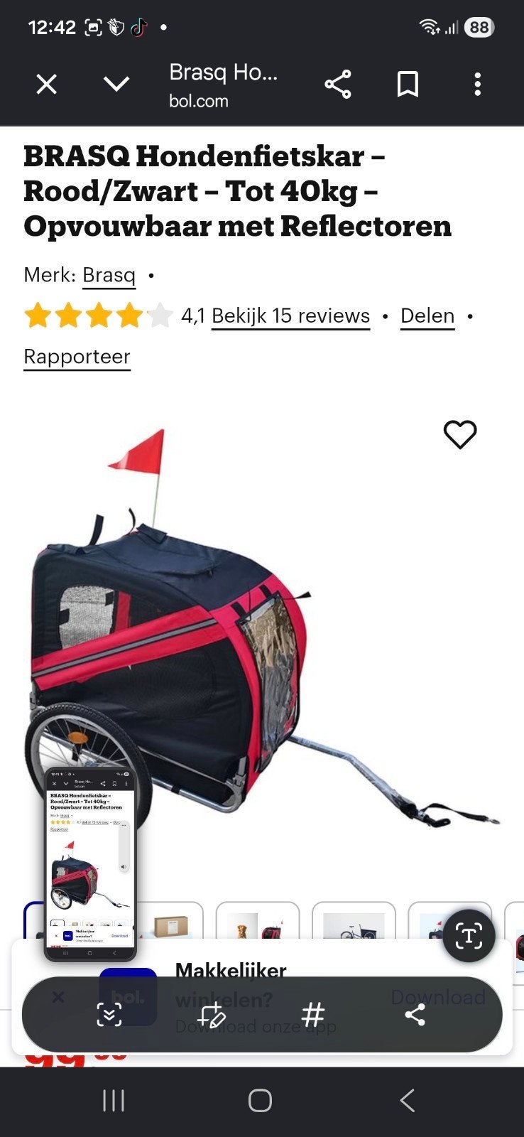 BRASQ Hondenfietskar Rood/Zwart - Opvouwbaar tot 40kg, Ophalen of Verzenden, Zo goed als nieuw, Hondenkar, Opvouwbaar