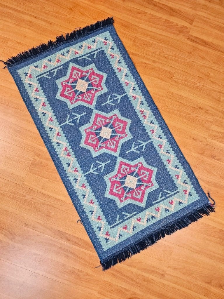Uniek kelim kleed 121/66, 100 tot 150 cm, Blauw, Djt@dejuistetoon.eu, Ophalen of Verzenden
