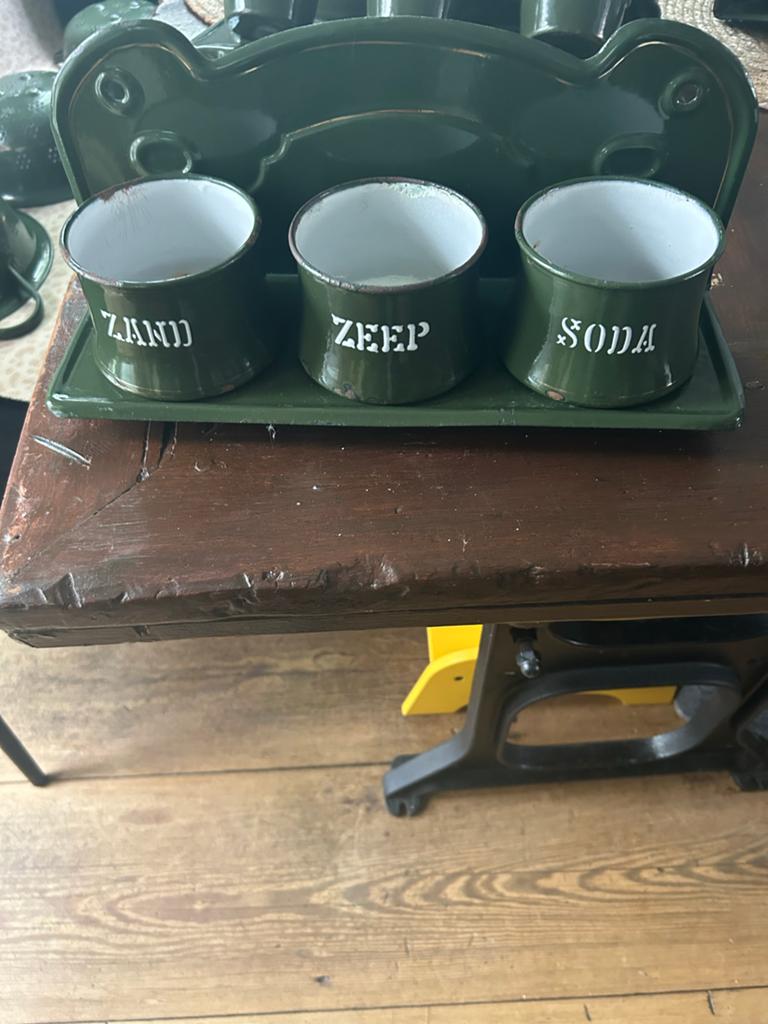 Vintage emaille voorraadpotten 'Zand, Zeep, Soda', Ophalen of Verzenden