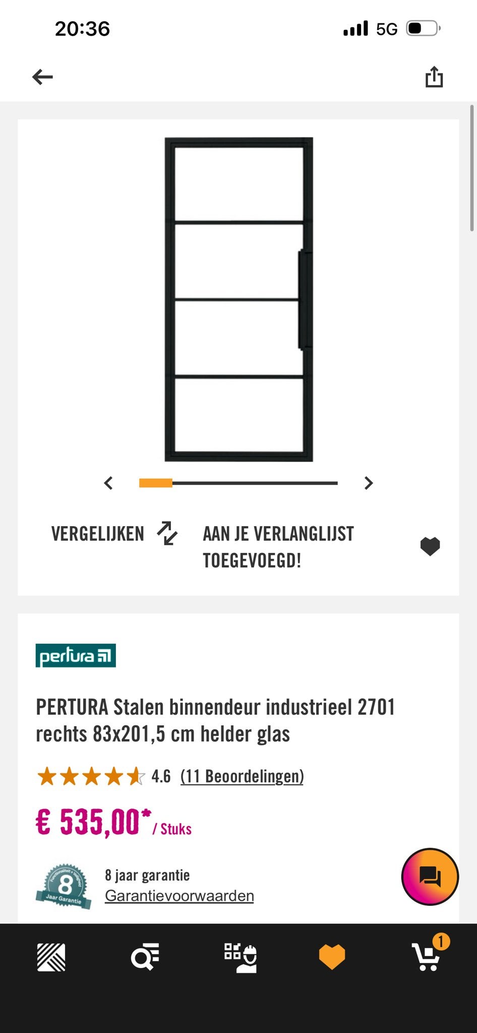 PERFURA Stalen binnendeur industrieel 2701 rechts nieuw, Ophalen, 80 tot 100 cm, Binnendeur, Nieuw