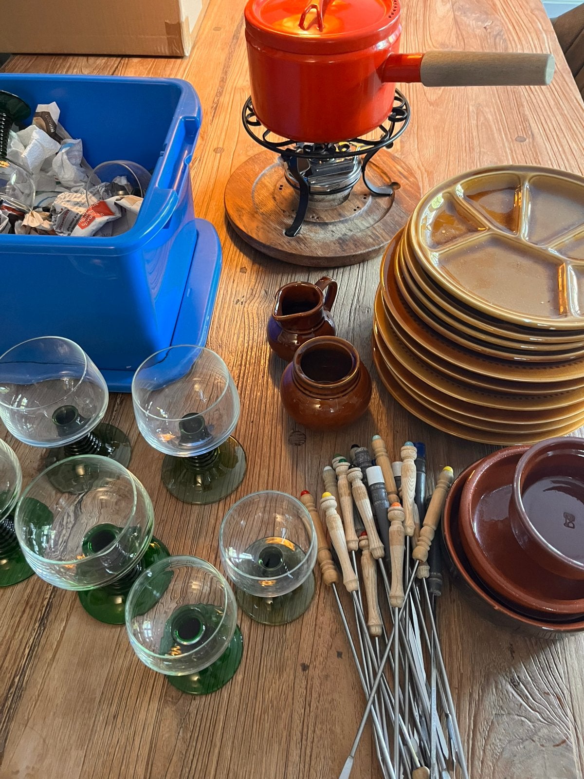 Fondue set met borden en glazen, Ophalen, Gebruikt, Brander, Fondueset