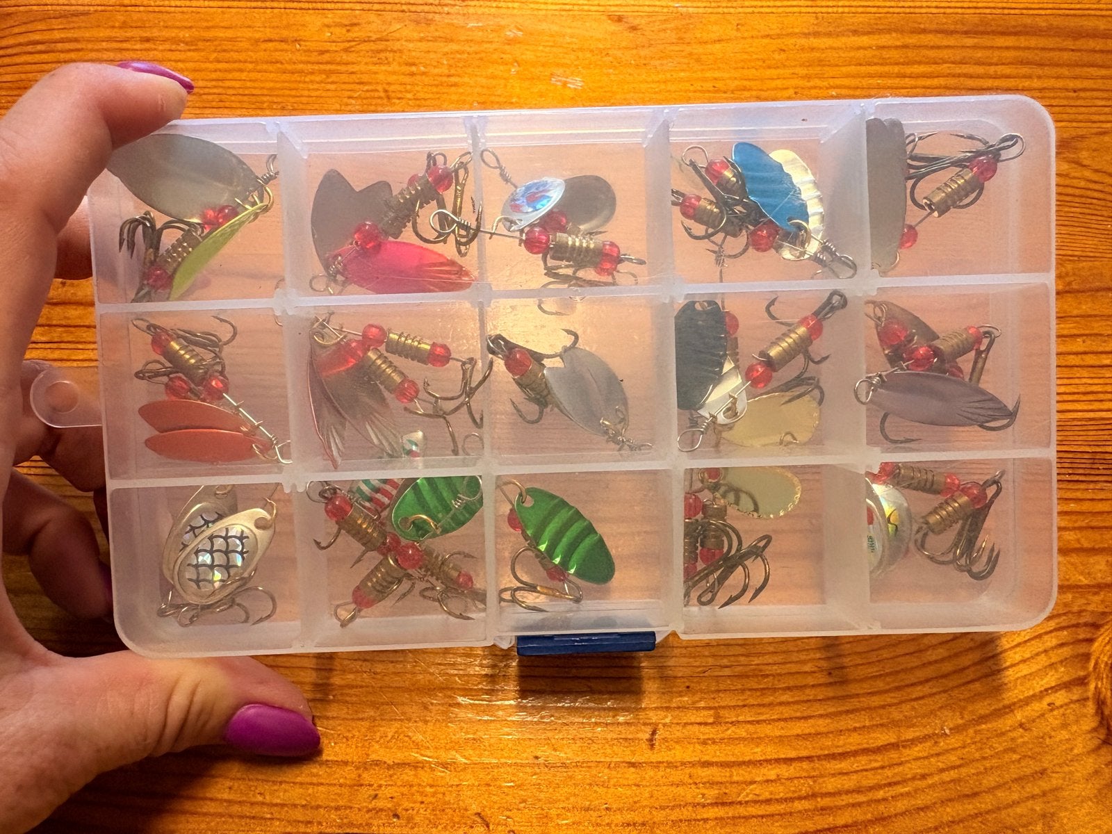 Grote set spinners voor roofvissen met opbergdoos, Ophalen of Verzenden, Zo goed als nieuw, Overige typen