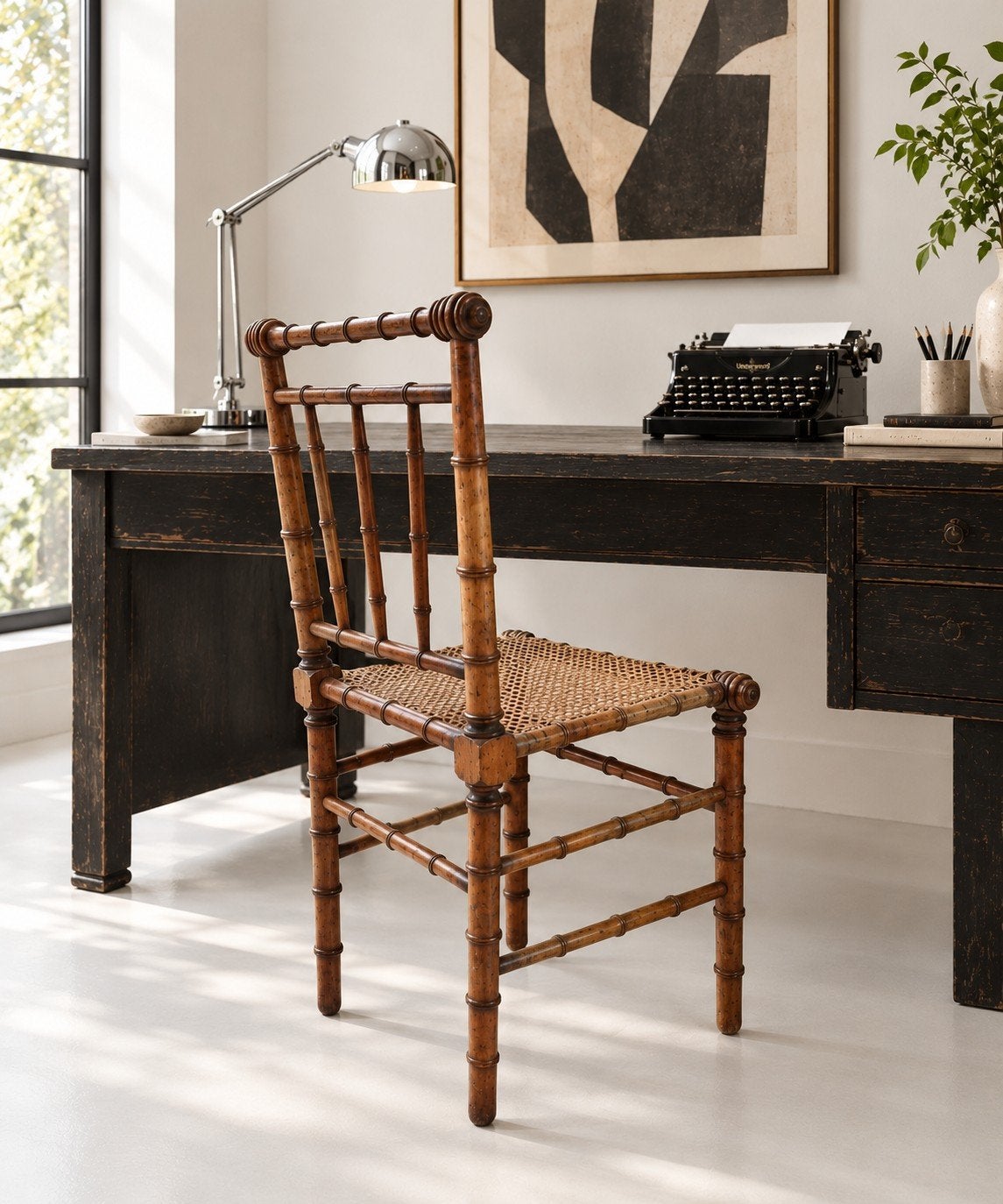 Antieke Faux Bamboe Stoel met rotan zitting, Antiek en Kunst, Ophalen