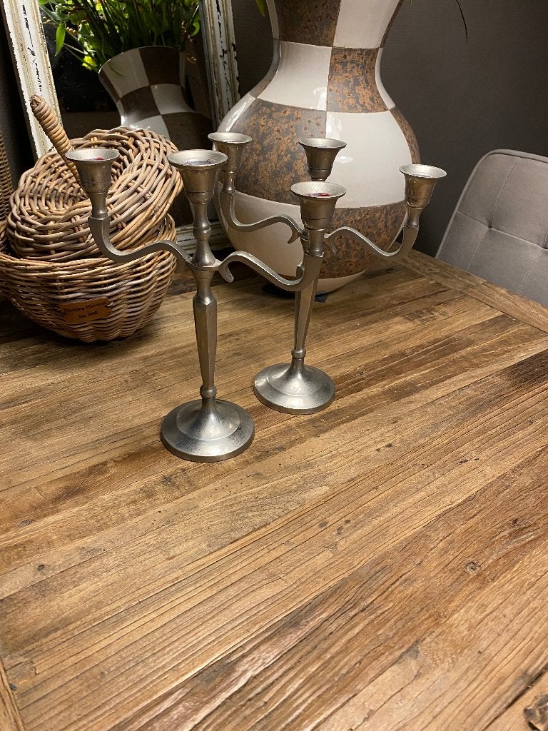 Antiek, brocante drie-armige kandelaars tin, Ophalen of Verzenden