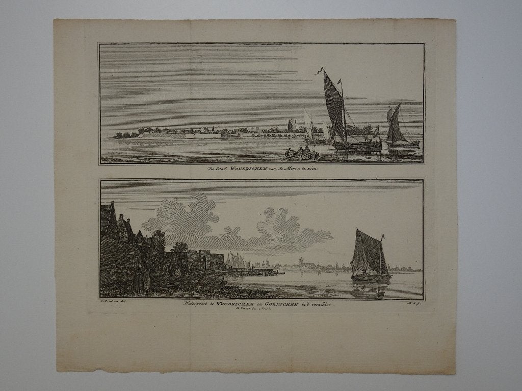 gravure stad en waterpoort Woudrichem, Spilman 1750, Antiek en Kunst, Stadsgezicht, Ophalen of Verzenden, Gravure, Dubbele gravure