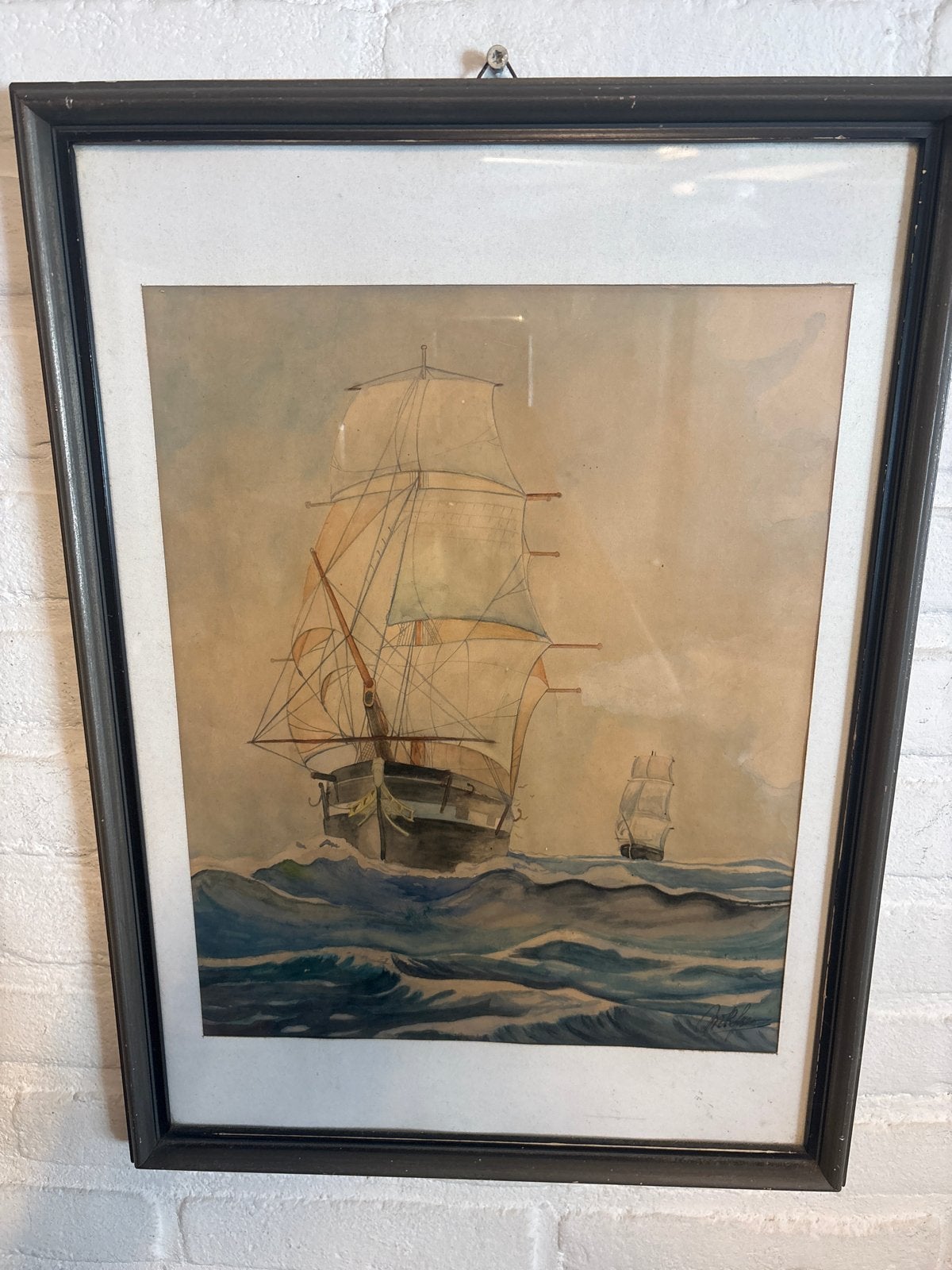 Maritiem schilderij: Zeilschepen op woelige zee (38x52 cm), Antiek en Kunst, Maritiem / water, Ophalen of Verzenden, Gesigneerd