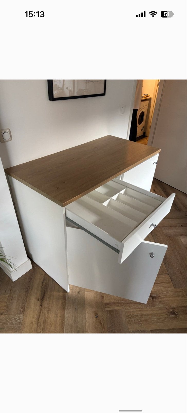 Wit dressoir met lade en deuren, houtlook blad, Gebruikt, 100 tot 150 cm, Ophalen of Verzenden, Met lade(s)