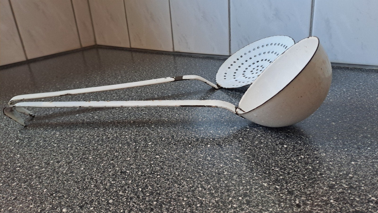 Vintage geëmailleerde pollepel en schuimspaan, Ophalen of Verzenden