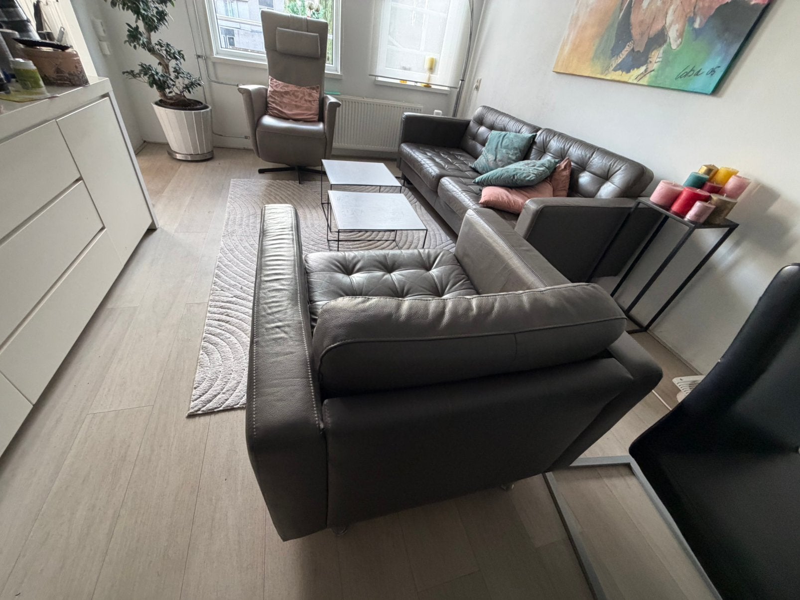 IKEA ruime Zitbank en fauteuil donkergrijs runderleder ZGAN., Huis en Inrichting, Ophalen, Zo goed als nieuw, Leer, Prachtig mooie Bank