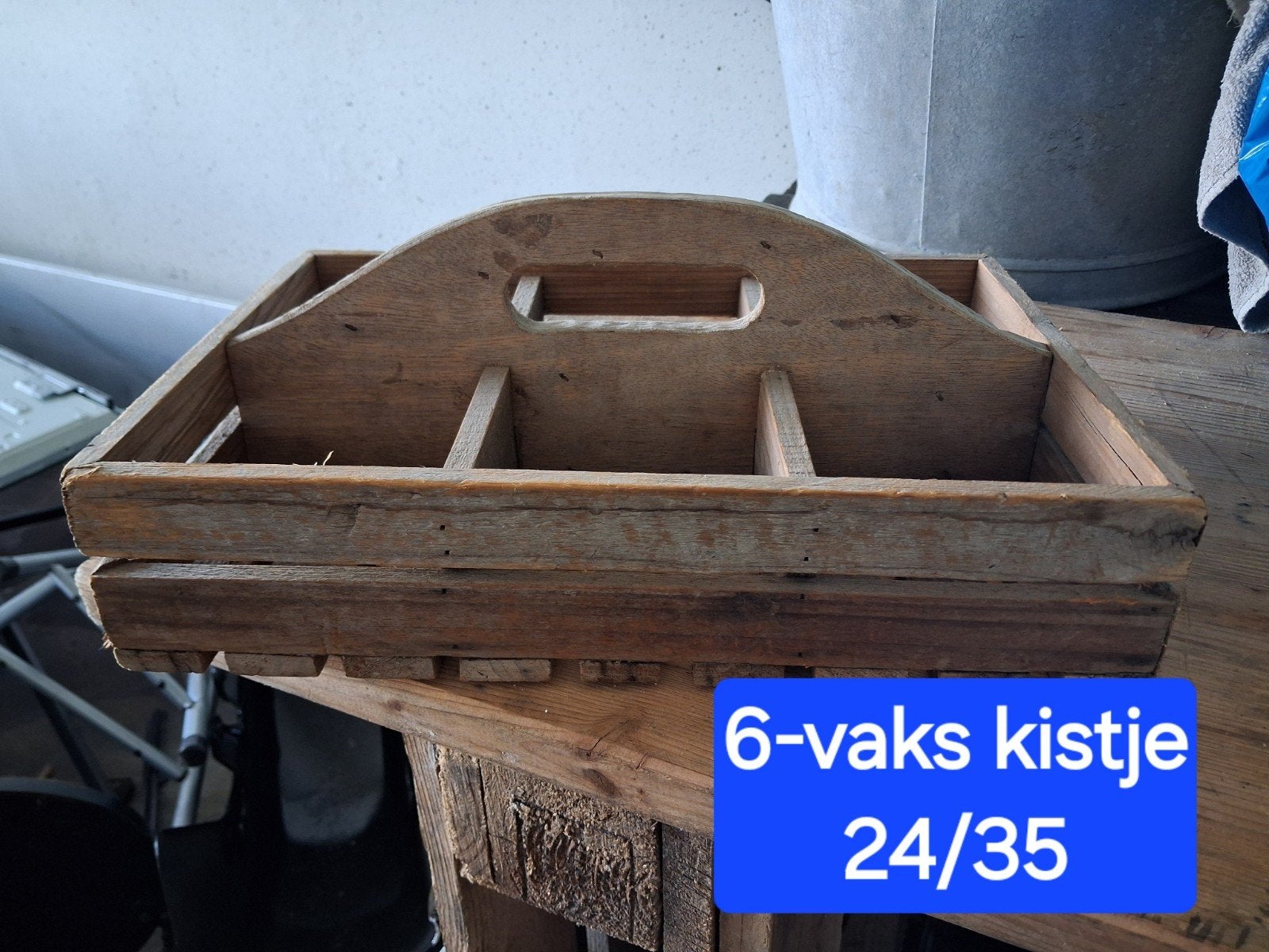 Vintage houten krat met handvat en vakken, Ophalen of Verzenden