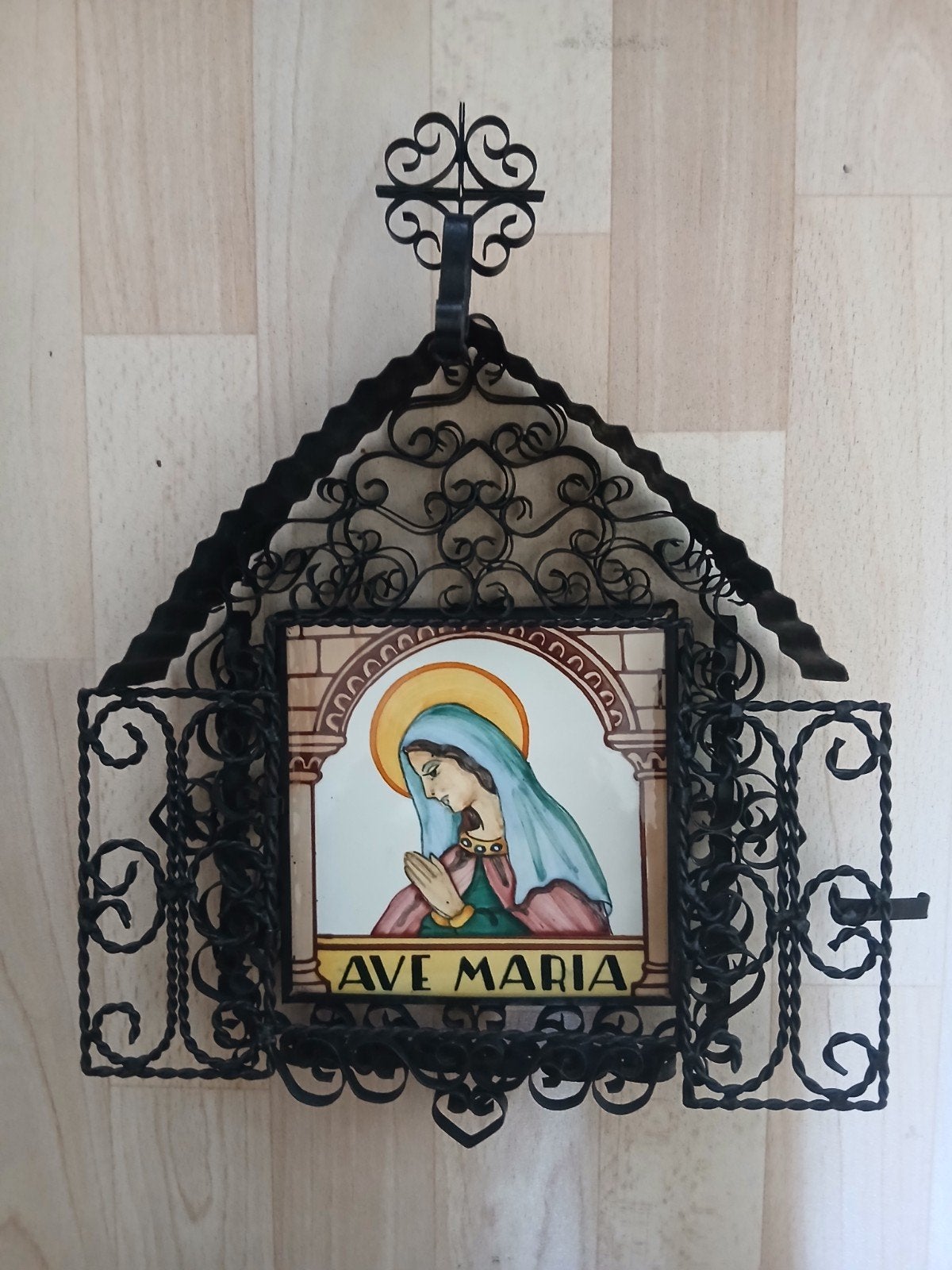 Antiek smeedijzeren Ave Maria wanddecoratie, Antiek en Kunst, Antiek | Religie, Ophalen of Verzenden
