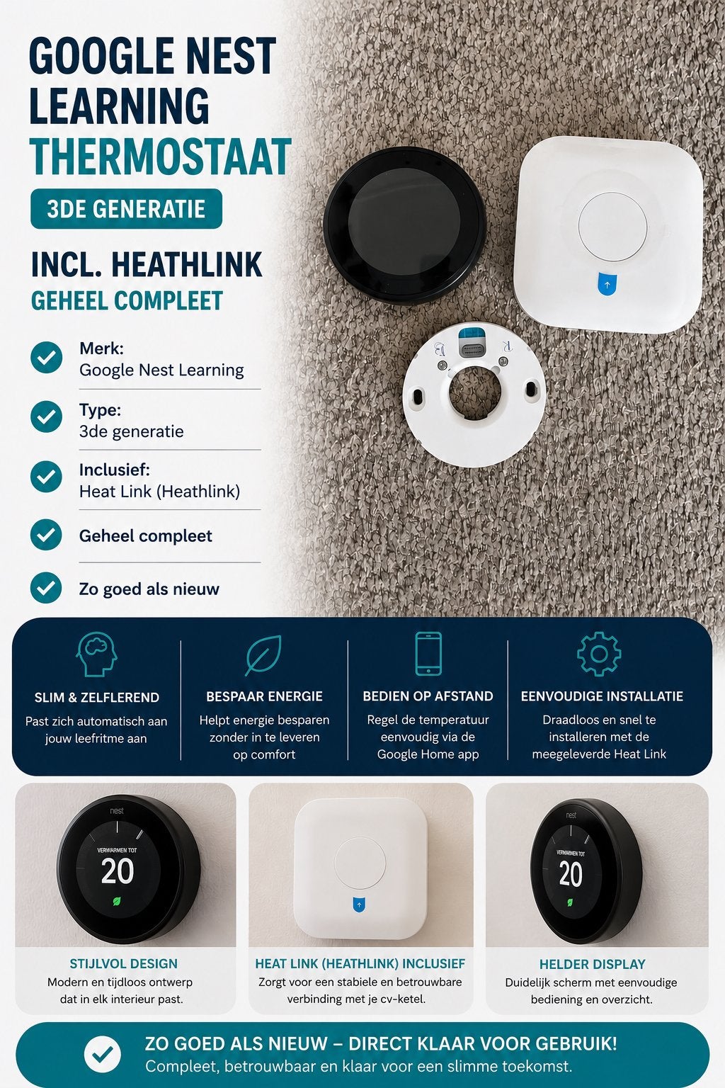 Google Nest Learning Thermostaat 3e generatie + Heat Link, Ophalen, Slimme thermostaat, Zo goed als nieuw