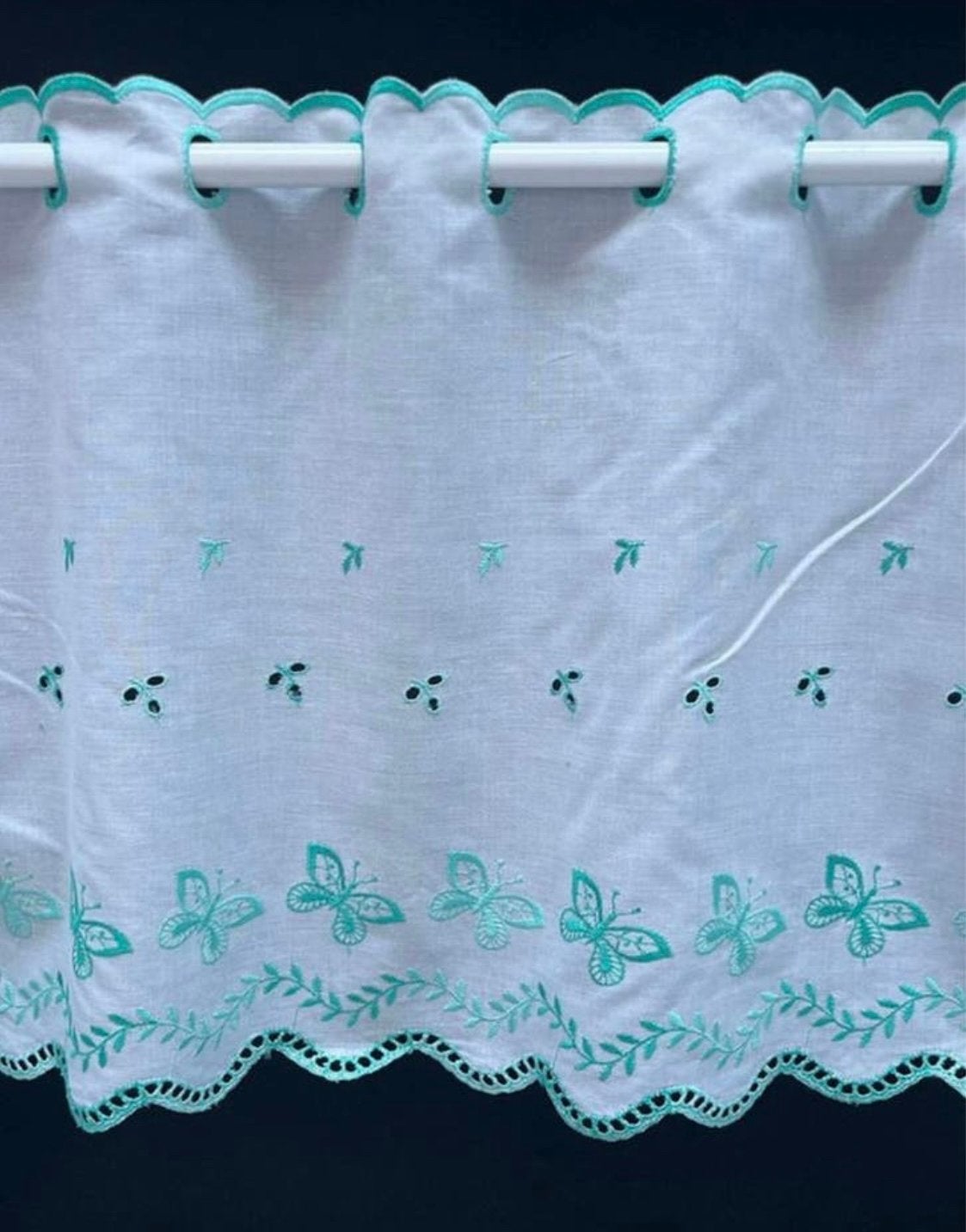 Witte gordijnstof met groene vlinders 34cm, Vitrage, 200 cm, 34 cm, Wit