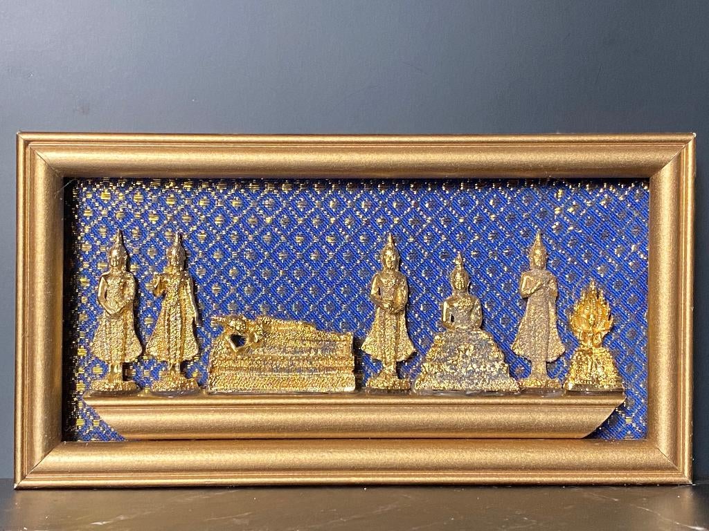 Thaise 7-dagen Boeddha schilderij – Blauwe achtergrond, Verzamelen, Religie, Ophalen of Verzenden, Zo goed als nieuw, Kaart of Prent