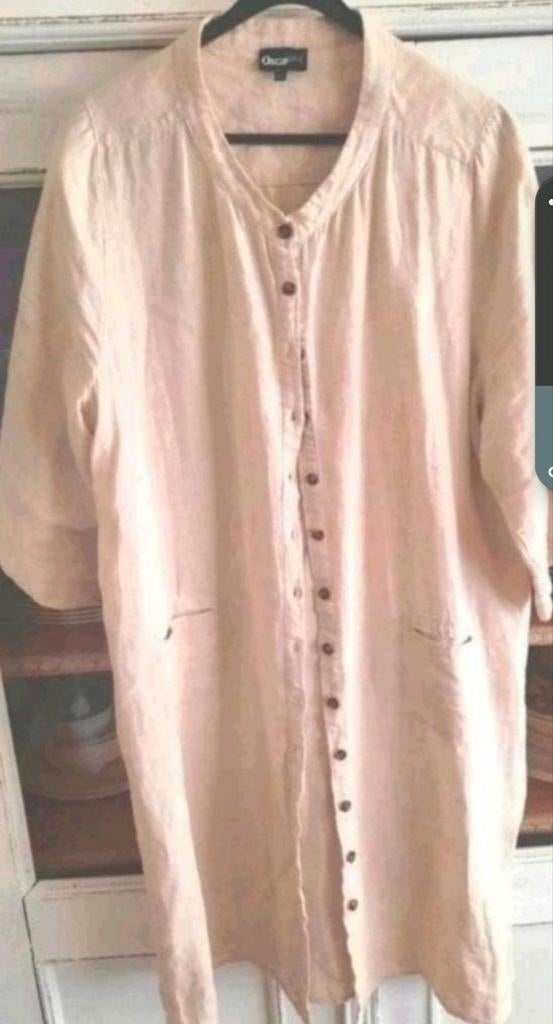 Beige/zand linnen doorknoopjurk van Oscar Jane XXL 44-46, Kleding | Dames, Verzenden, Beige, Maat 46/48 (XL) of groter, Oscar Jane