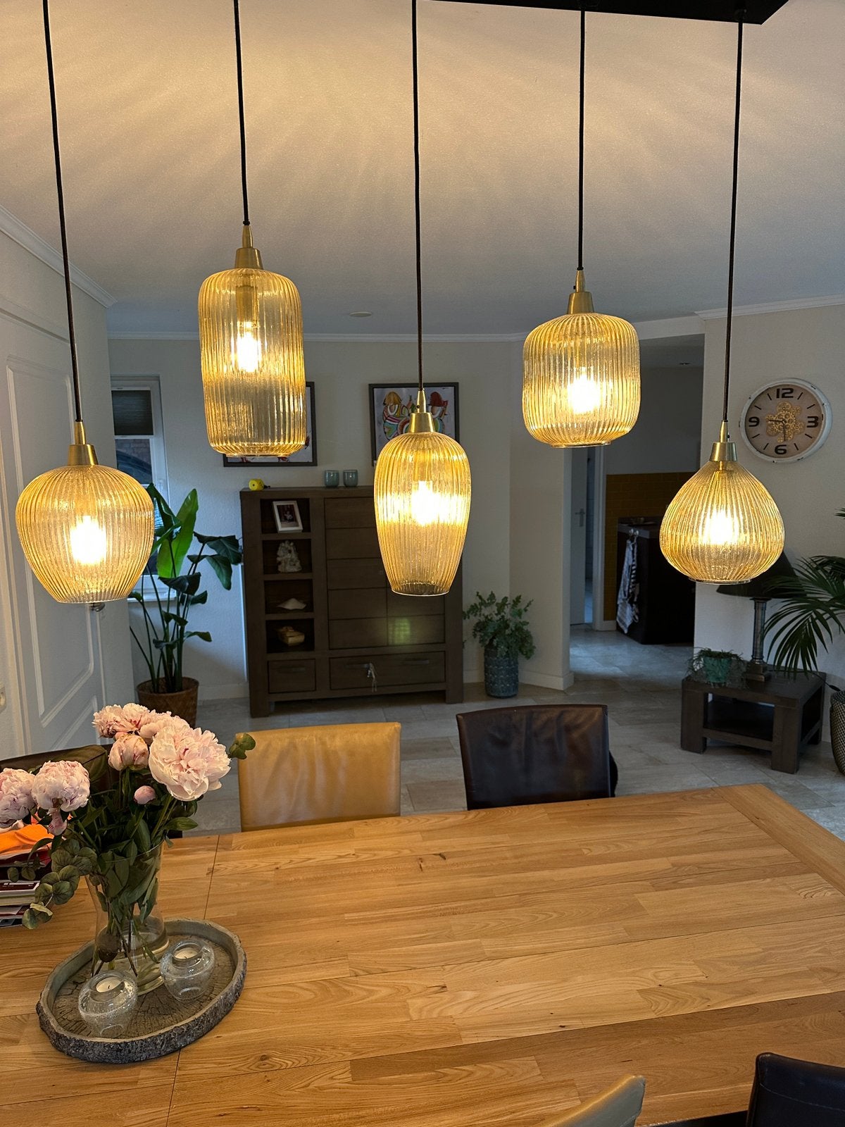 Eettafel hanglamp. 5-lichts Amber glas., Ophalen of Verzenden, Nieuw, 75 cm of meer