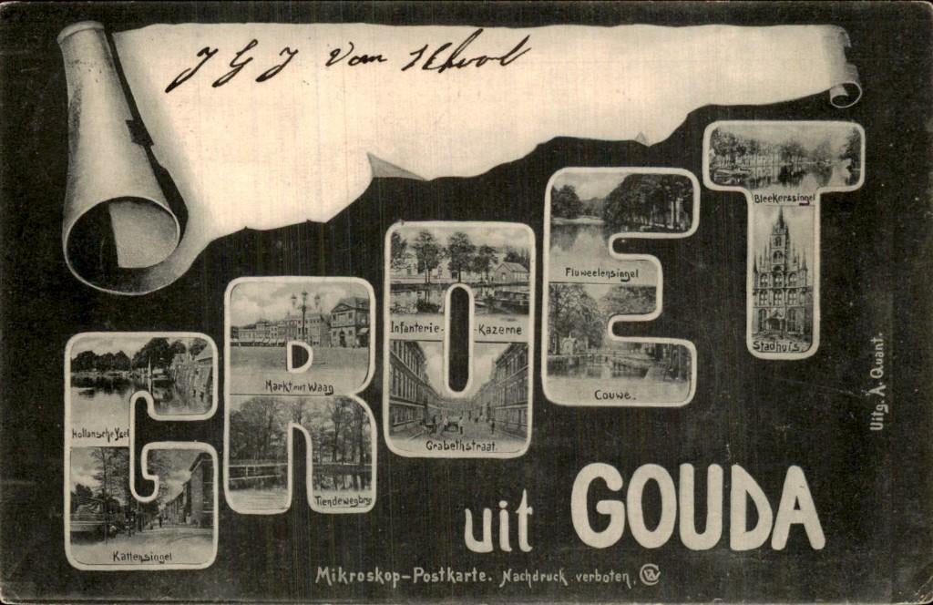 Gouda - Groet - Mikroskop-Postkarte, Ophalen of Verzenden, Voor 1920, Gelopen, Zuid-Holland