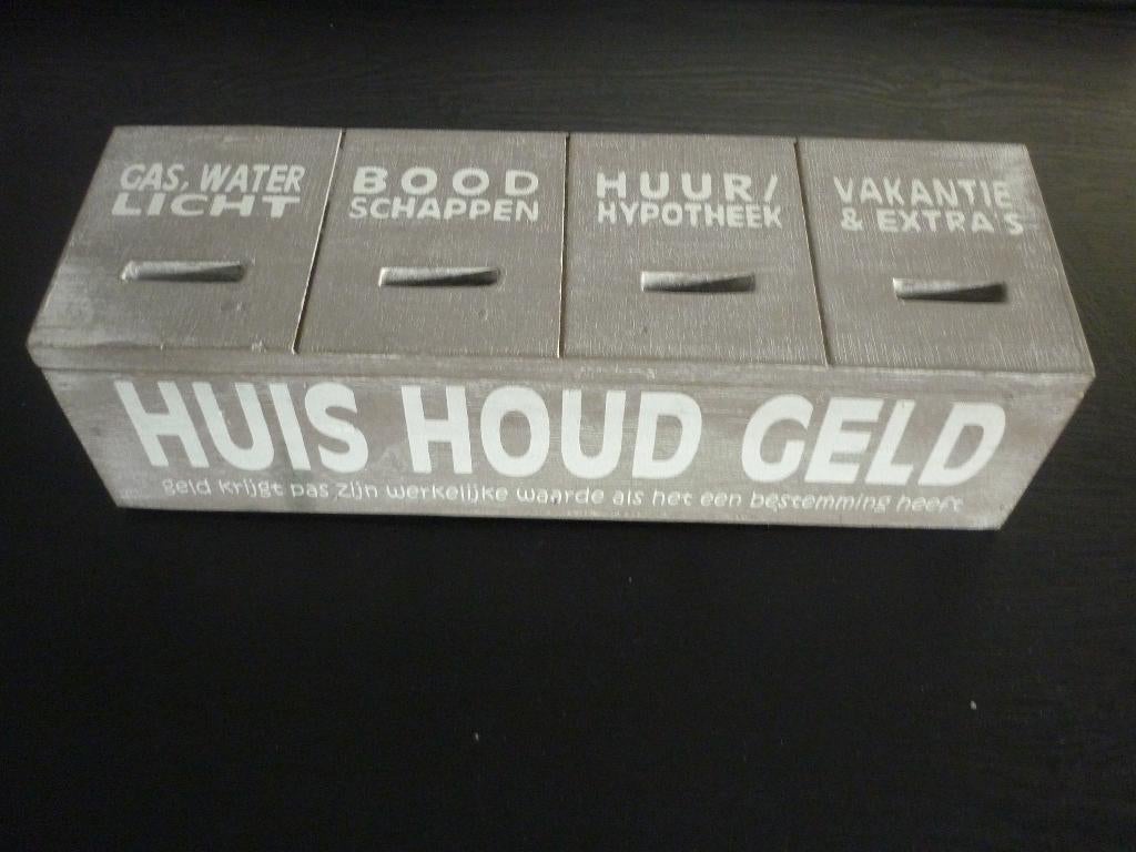 Huishoud spaarpot grijs / Houten spaarpot / huishoupotje, Verzamelen, Ophalen of Verzenden, Hout, Overige thema's