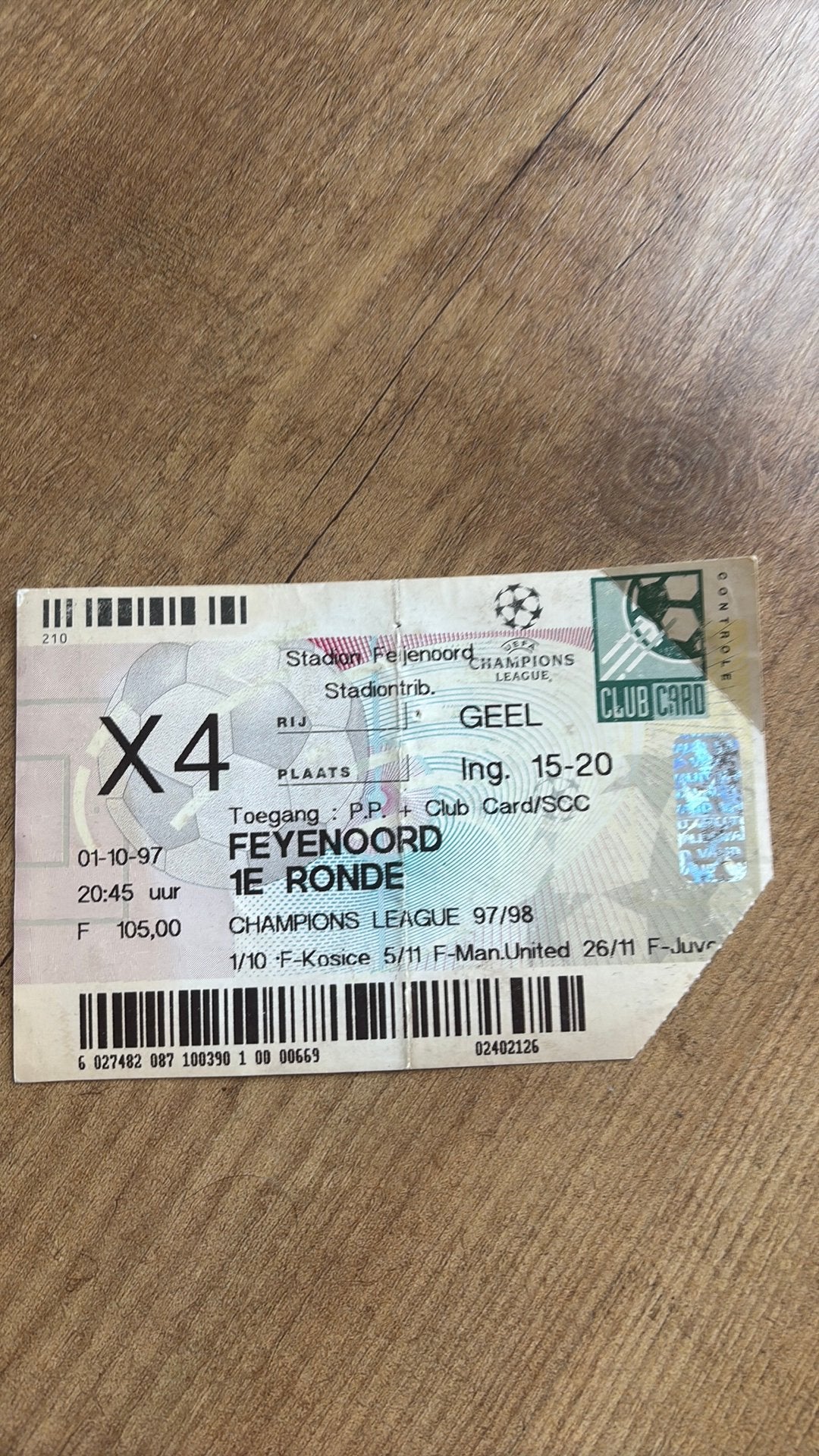 Oud stadionticket feyenoord 1997, Ophalen of Verzenden, Zo goed als nieuw, Feyenoord