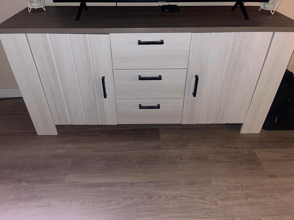 Dressoir Cardiff wit/truffel eiken - 172 cm breed, Ophalen, 150 tot 200 cm, Zo goed als nieuw, Met lade(s)