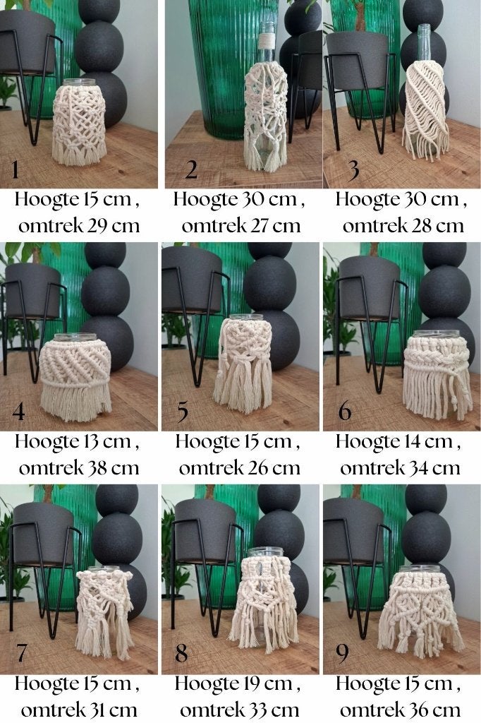 Macramé potjes en vaasjes in verschillende maten., Ophalen, Nieuw, Glas
