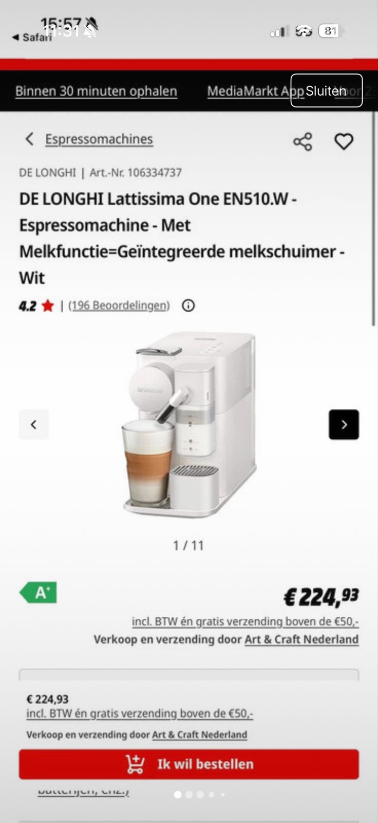 Nespresso Lattissima One EN510.W Espressomachine Wit, Witgoed en Apparatuur, Koffiezetapparaten, Espresso apparaat, Ophalen of Verzenden