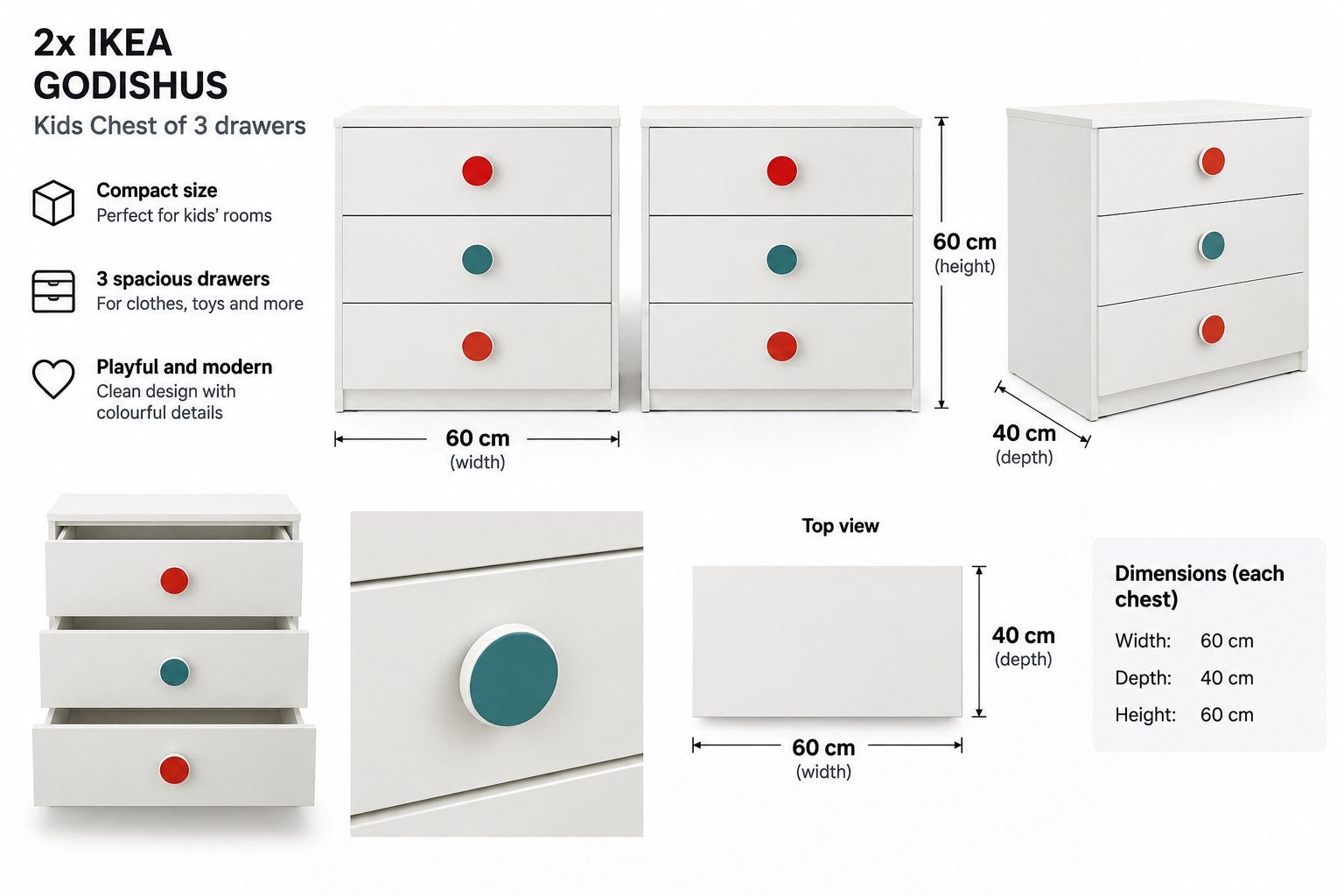 2x IKEA GODISHUS Ladekast voor Kinderen - Wit, Zo goed als nieuw, Minder dan 50 cm, Ophalen, Minder dan 90 cm