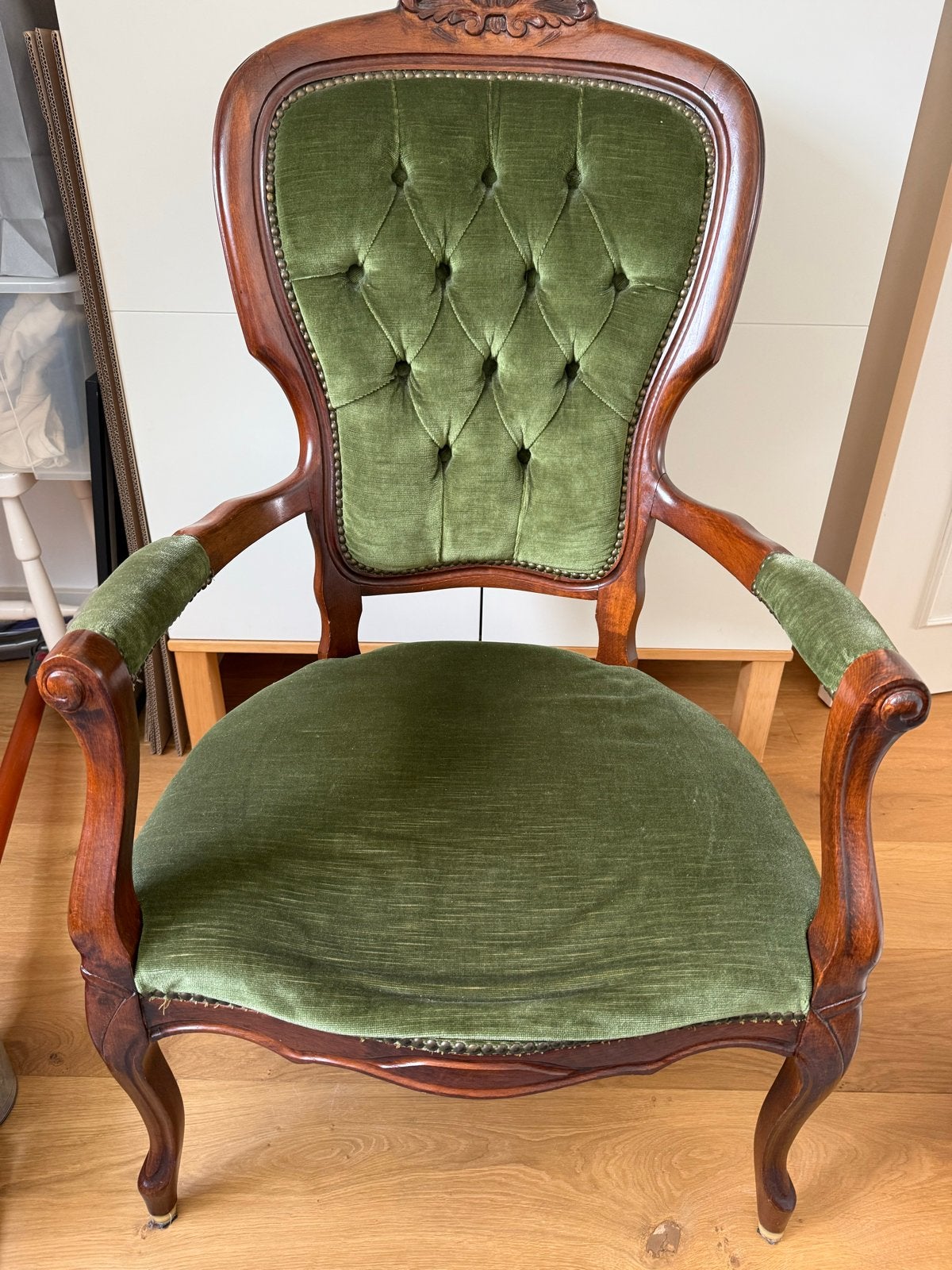 Louis XIV Fauteuil - Groen Velours Opknapper, Ophalen of Verzenden