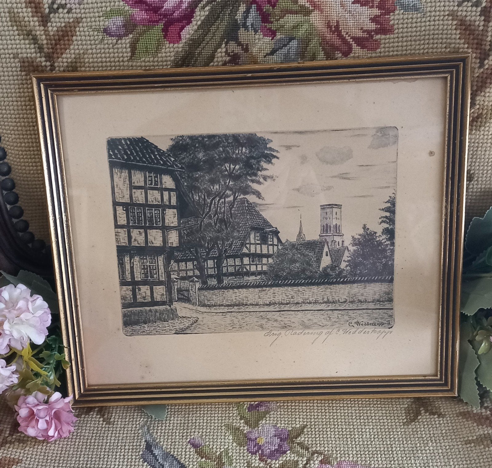 Mooie oude ets, vakwerkhuizen, Slagelse 1934, Wedderkoff, Antiek en Kunst, Ophalen of Verzenden