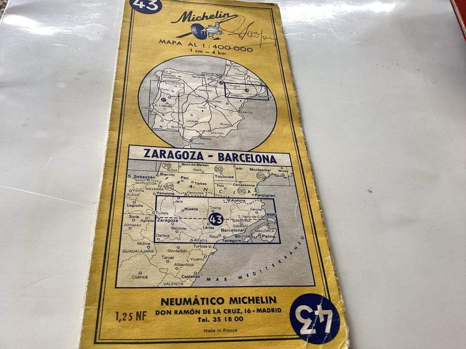 Michelin kaart 43 Zaragoza - Barcelona 1959, Gelezen, Spanje, Ophalen of Verzenden, Landkaart