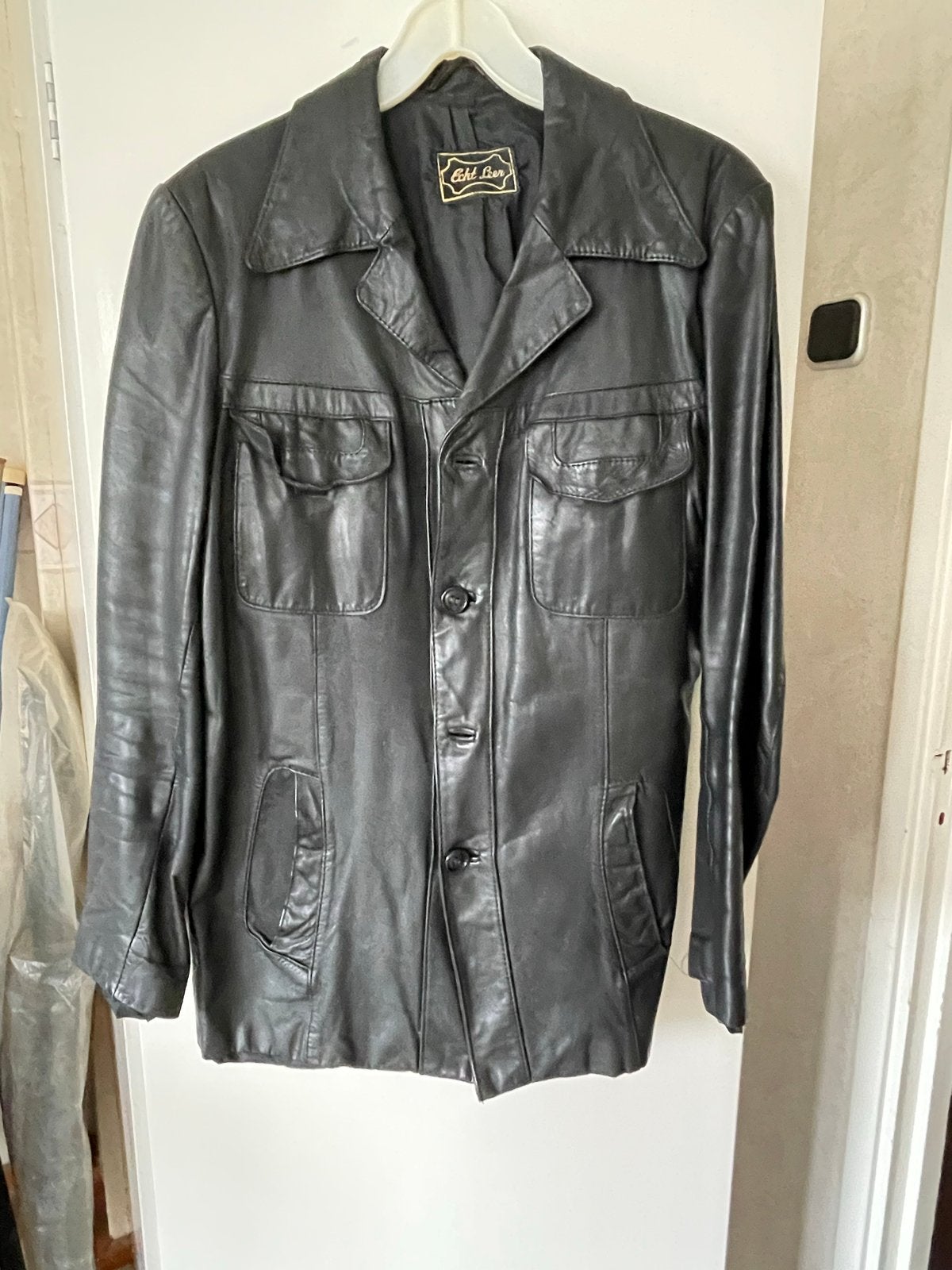 Vintage Zwart Leren Jas - Echt Leer, Ophalen, Gedragen, Overige maten, Zwart