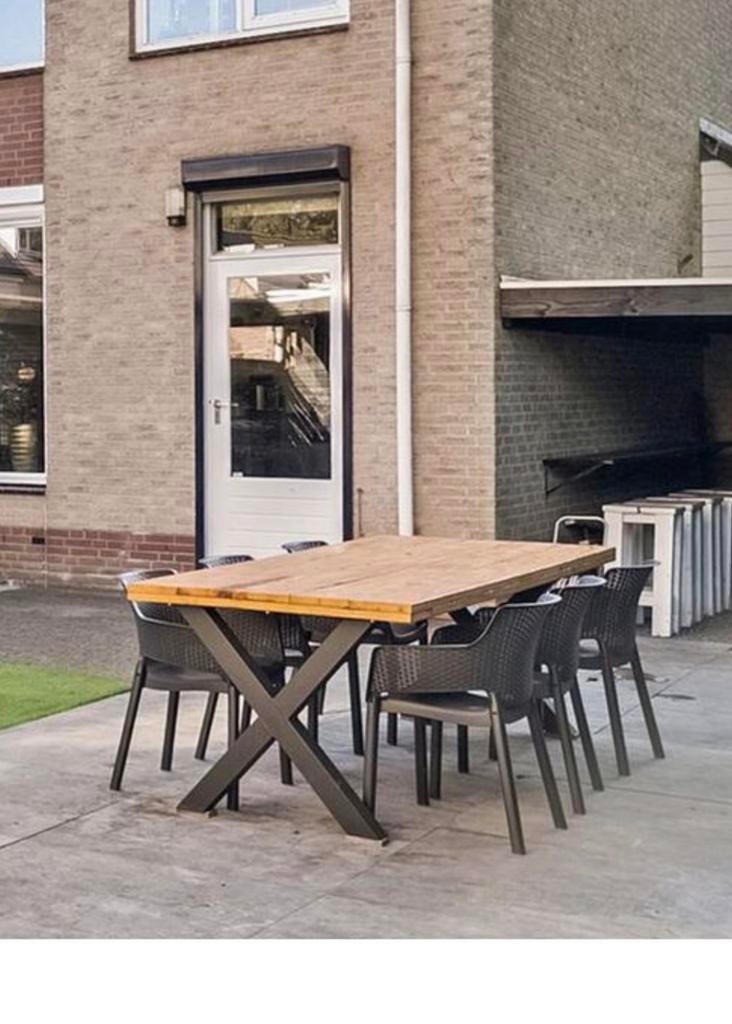 Tuintafel van steigerhout + 6 stoelen, Gebruikt, Eettafel, 6 zitplaatsen, Steigerhout
