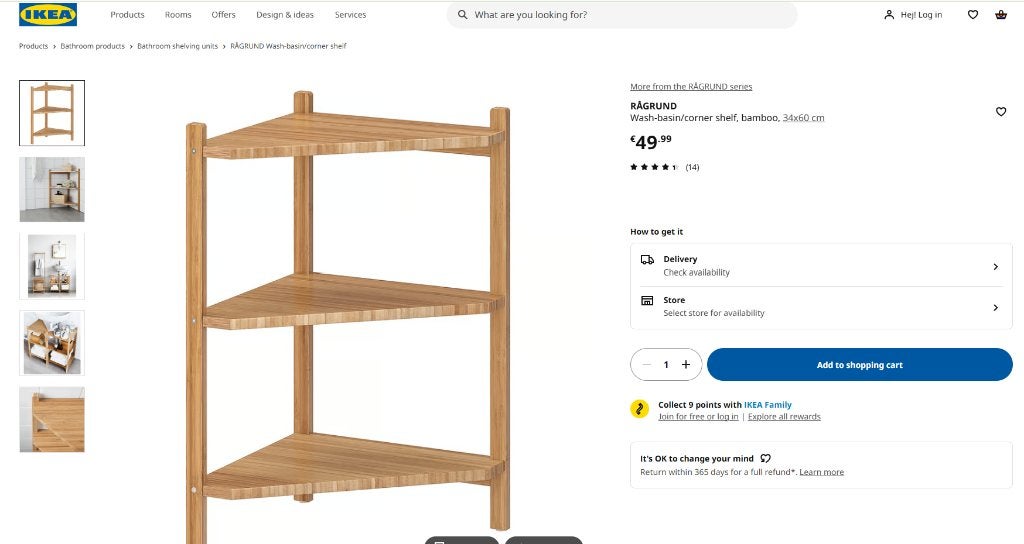 IKEA RÅGRUND Bamboe Hoekrek voor Wastafel (Set van 2) – €60, Huis en Inrichting, Ophalen, Minder dan 50 cm, Gebruikt, Minder dan 100 cm