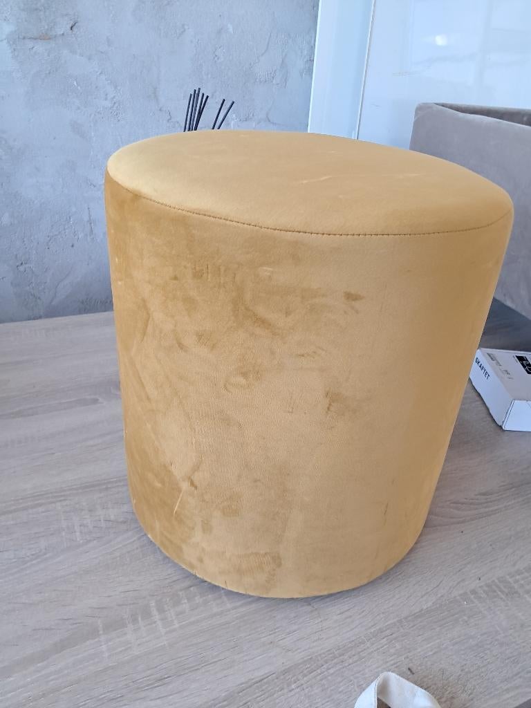 Hocker Okergeel Velours Poef Voetenbank Fluweel, Ophalen, Minder dan 50 cm, Gebruikt, Rond