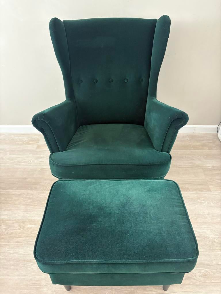 Ikea Strandmon fauteuil en voetenbank - Donkergroen, Huis en Inrichting, Fauteuils, Ophalen, Gebruikt, Stof, 75 tot 100 cm