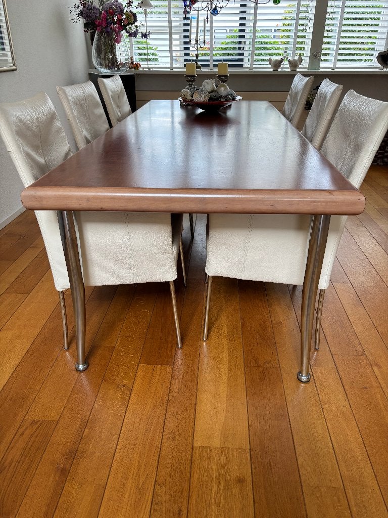 Design eettafel met 6 lederen stoelen, 200 cm of meer, Zo goed als nieuw, Vijf personen of meer, Rechthoekig