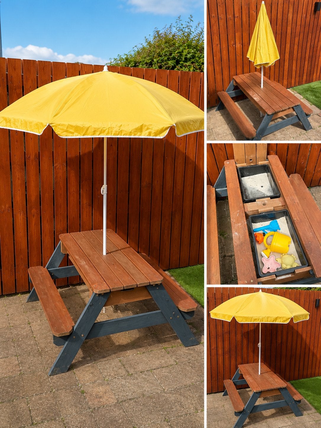 Kinder picknicktafel met zand/watertafel en parasol, Ophalen, Gebruikt