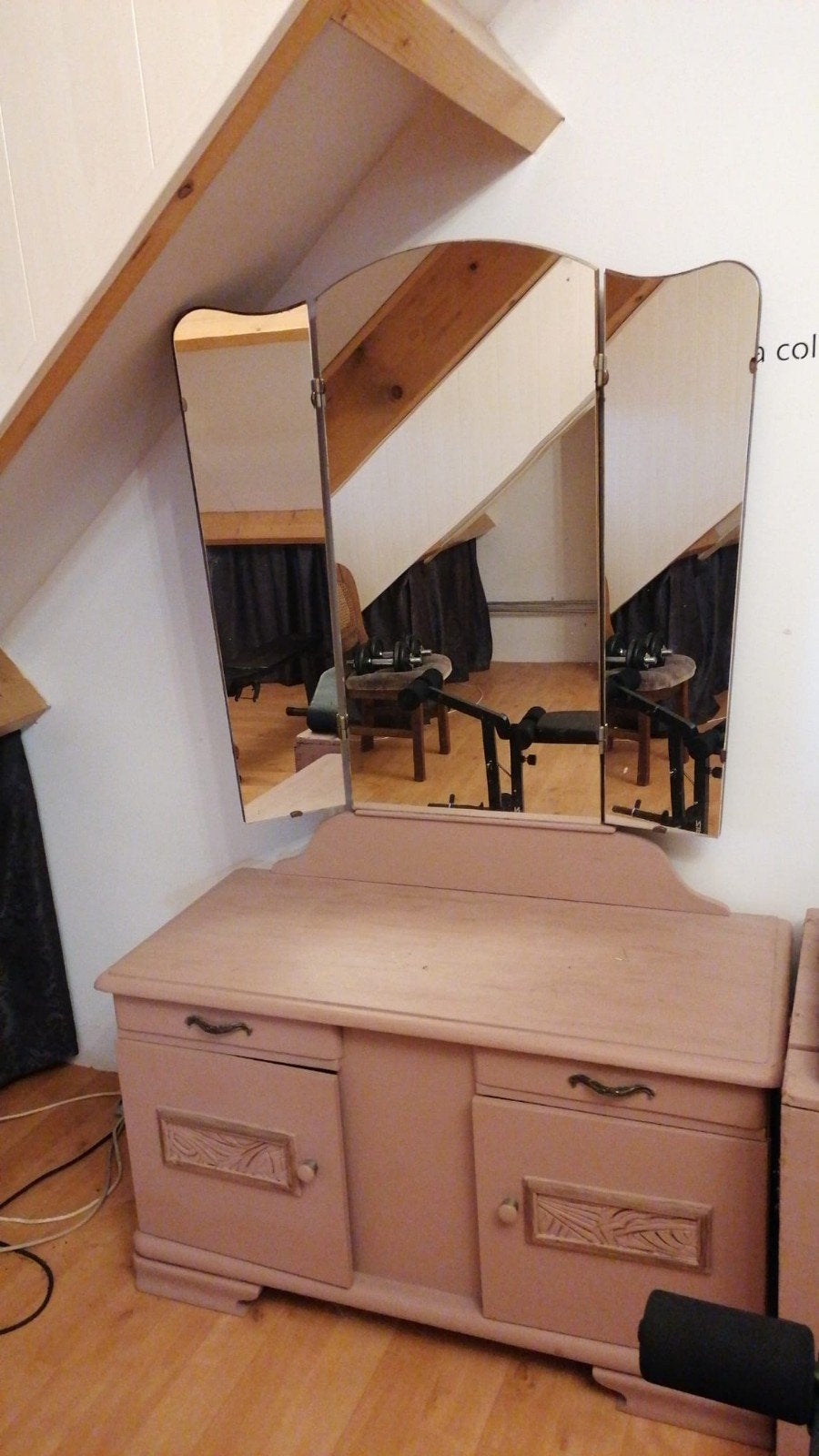Vintage kaptafel met drieluik spiegel - Roze geverfd, Antiek en Kunst, Ophalen, Overige vormen, 100 tot 150 cm, 100 tot 150 cm