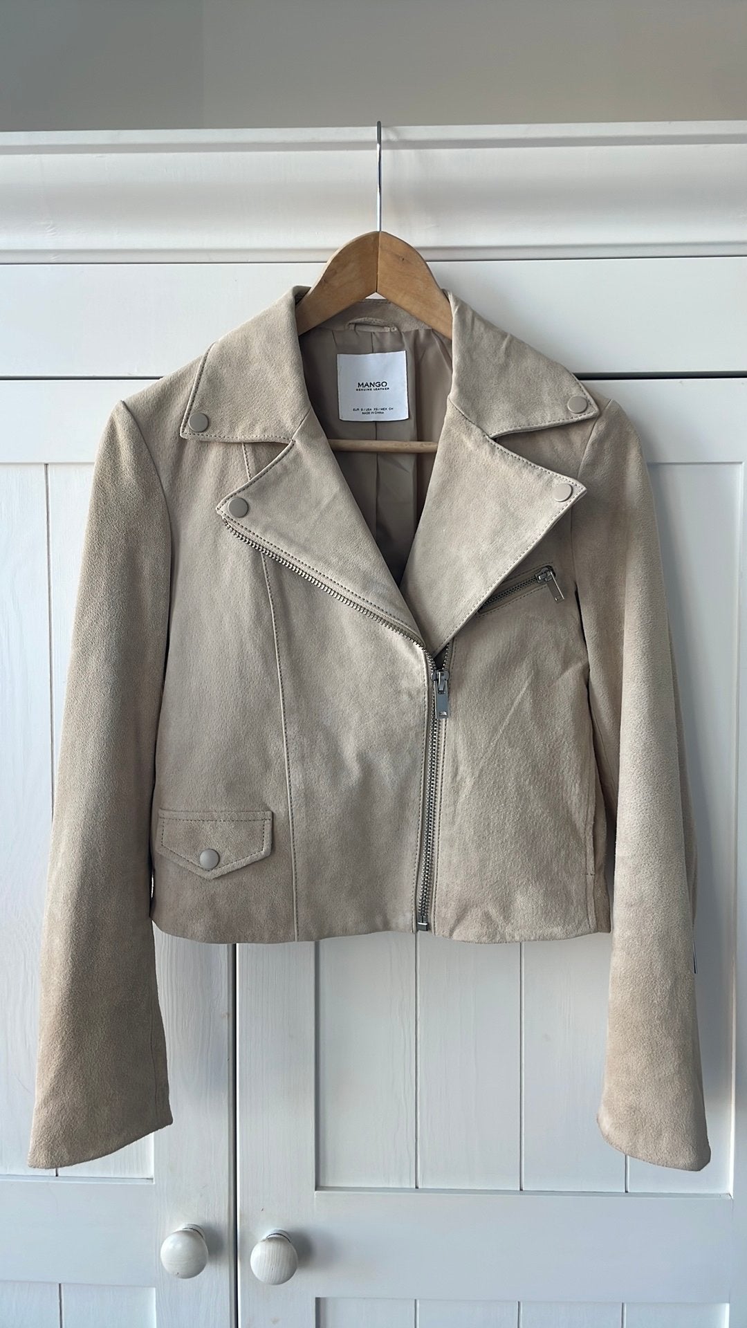 Mango suède beige bikerjack - maat 36, Ophalen of Verzenden, Zo goed als nieuw, Maat 36 (S), Beige